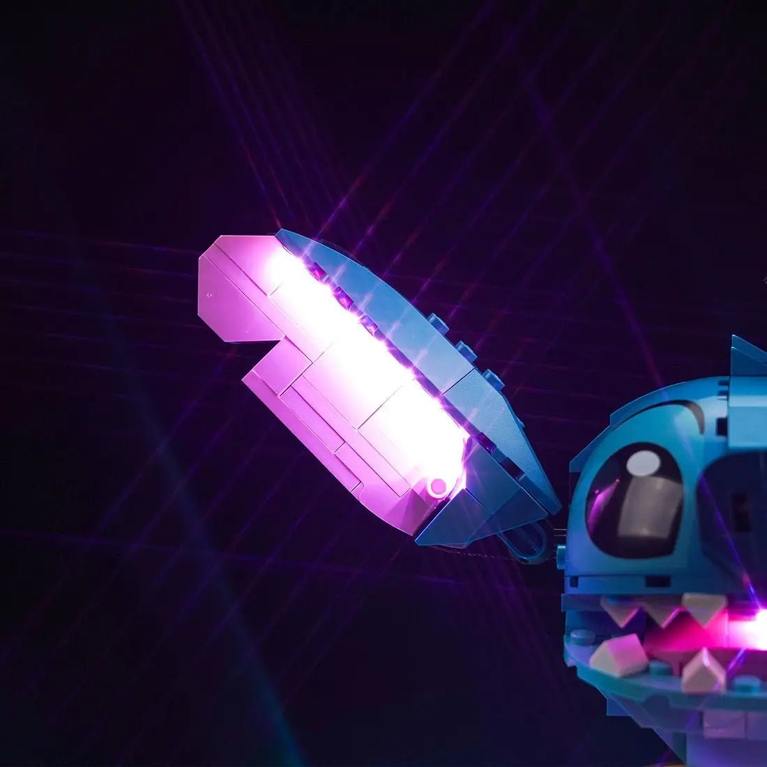 Bright My Bricks light kit for LEGO® Stitch #43249 — side angle with lights on