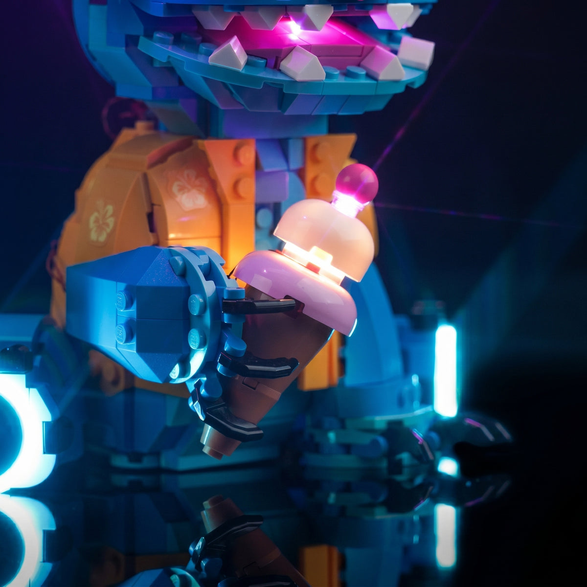 LEGO® Stitch #43249 installed and glowing, with the premium LED light kit