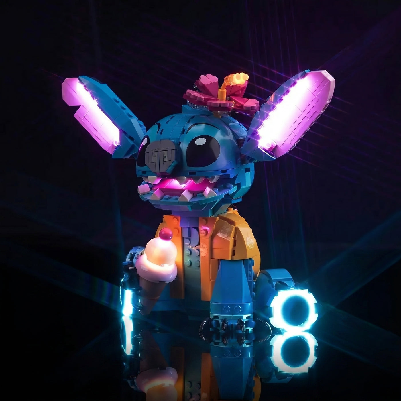 LEGO® Stitch #43249 LED kit powered on, with the USB-powered LED light kit