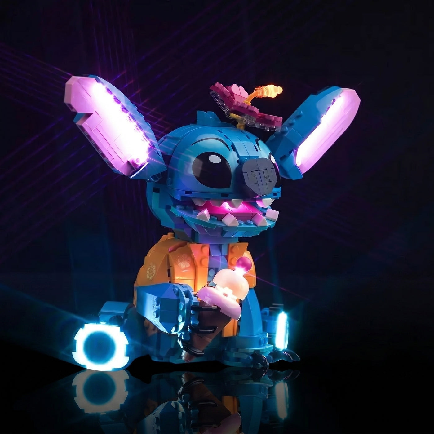LEGO® Stitch #43249 illuminated at night, with the LED lighting kit