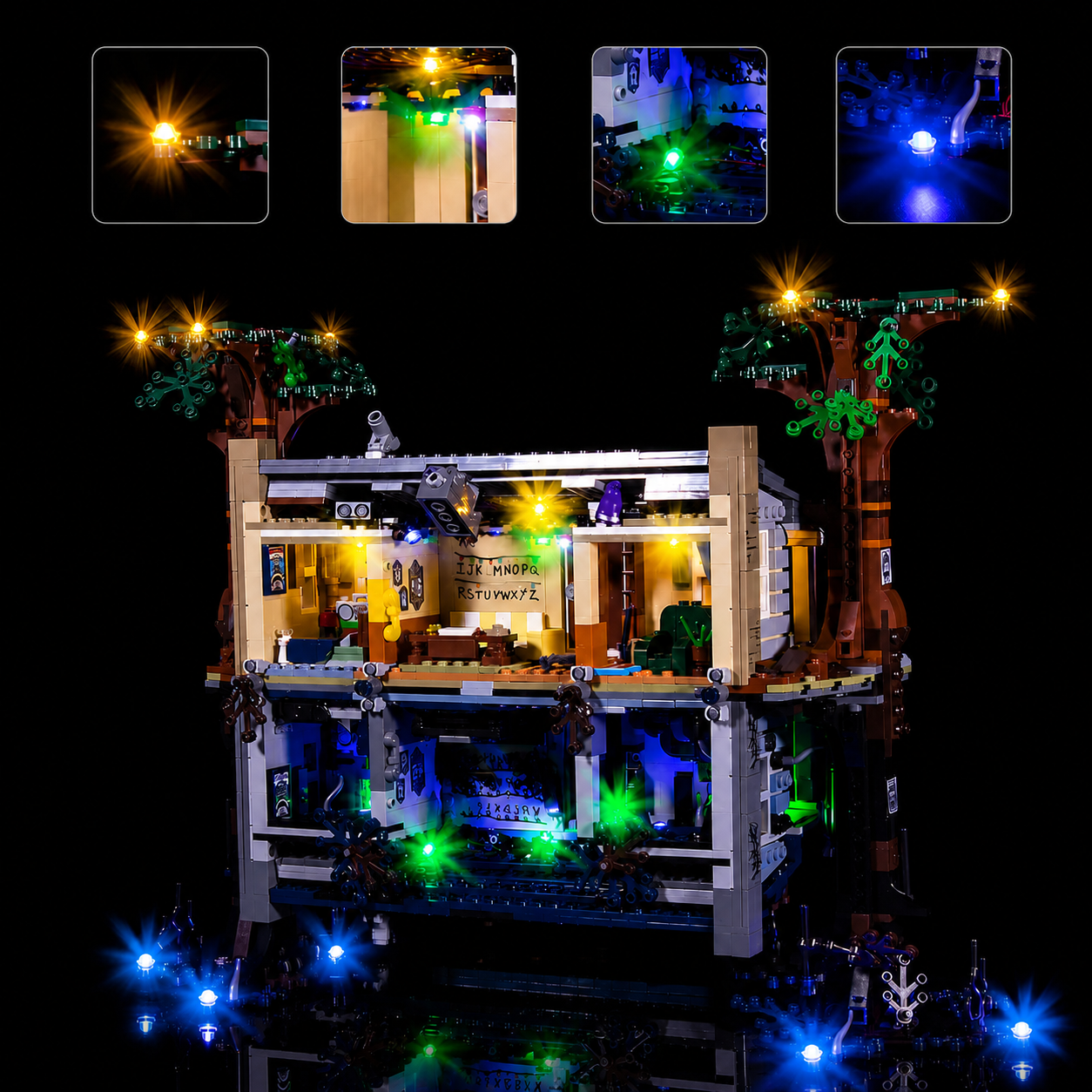 installed and glowing: Bright My Bricks DIY LED light kit for LEGO® Stranger Things The Dow Upside n #75810