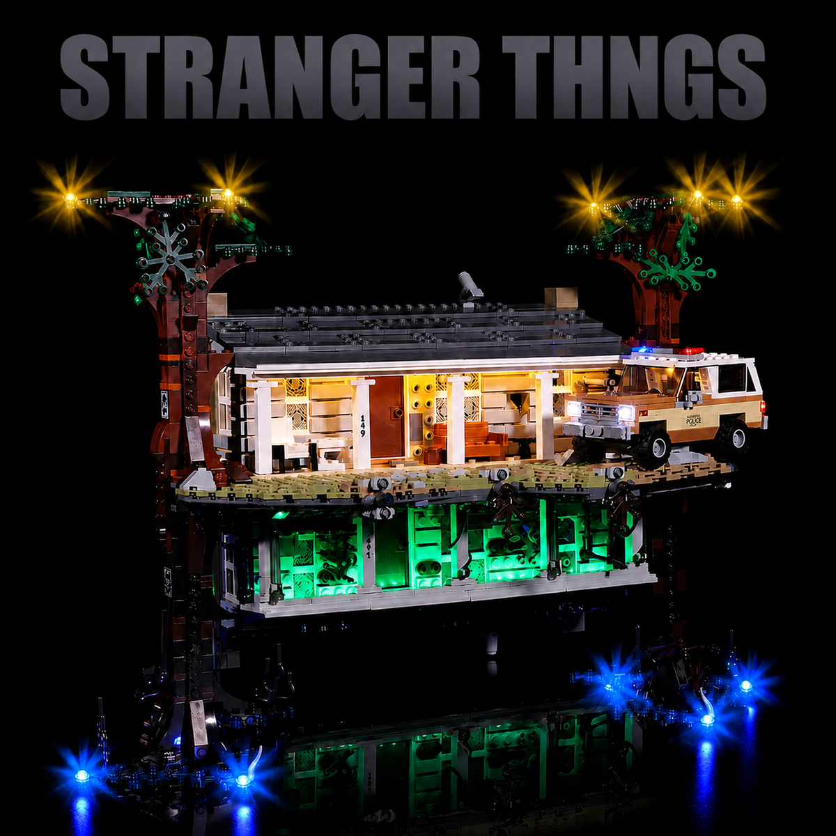LED kit powered on: Bright My Bricks premium LED light kit for LEGO® Stranger Things The Dow Upside n #75810