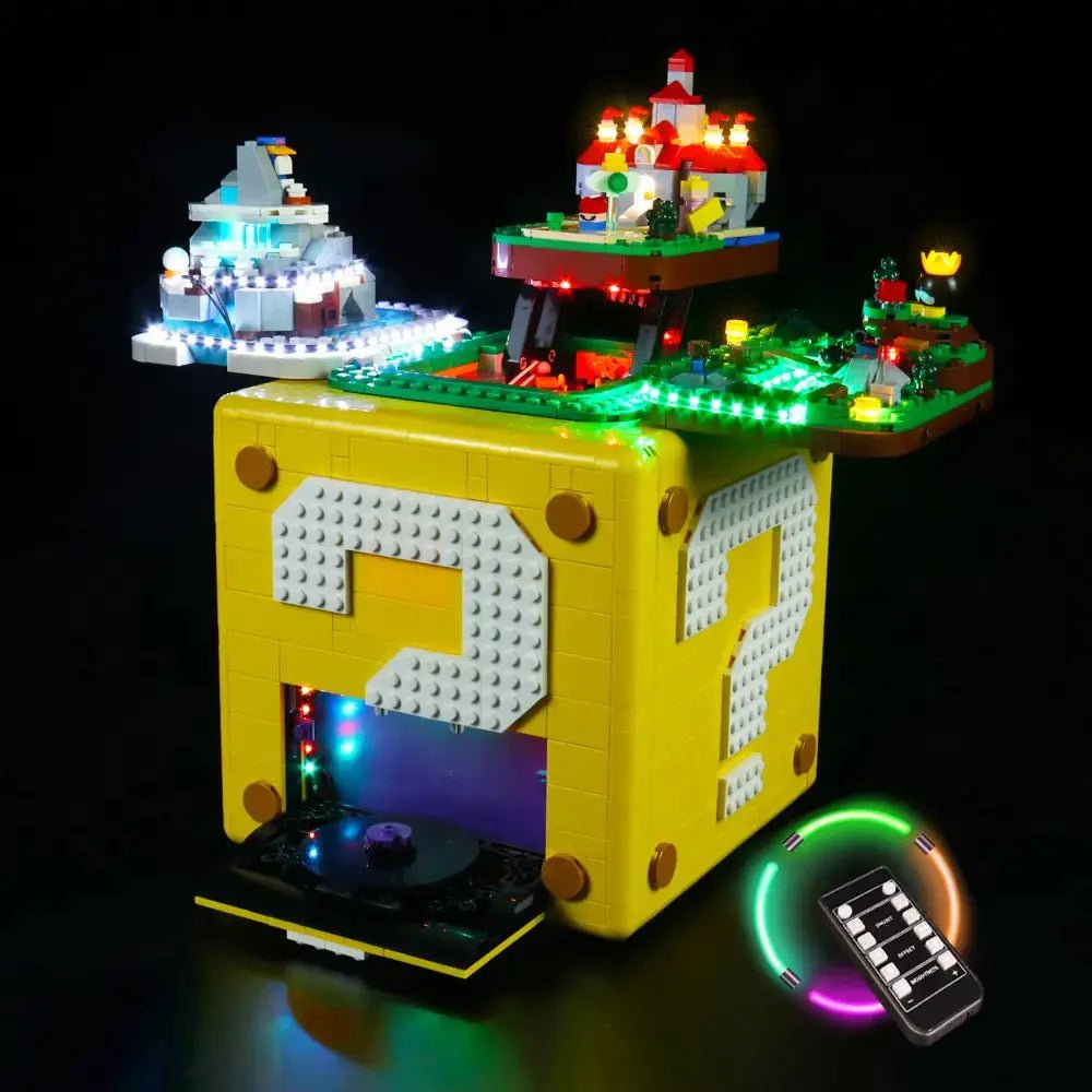 LEGO® Super Mario 64 Question Mark Block #71395 — front view fully lit (LED lighting kit)