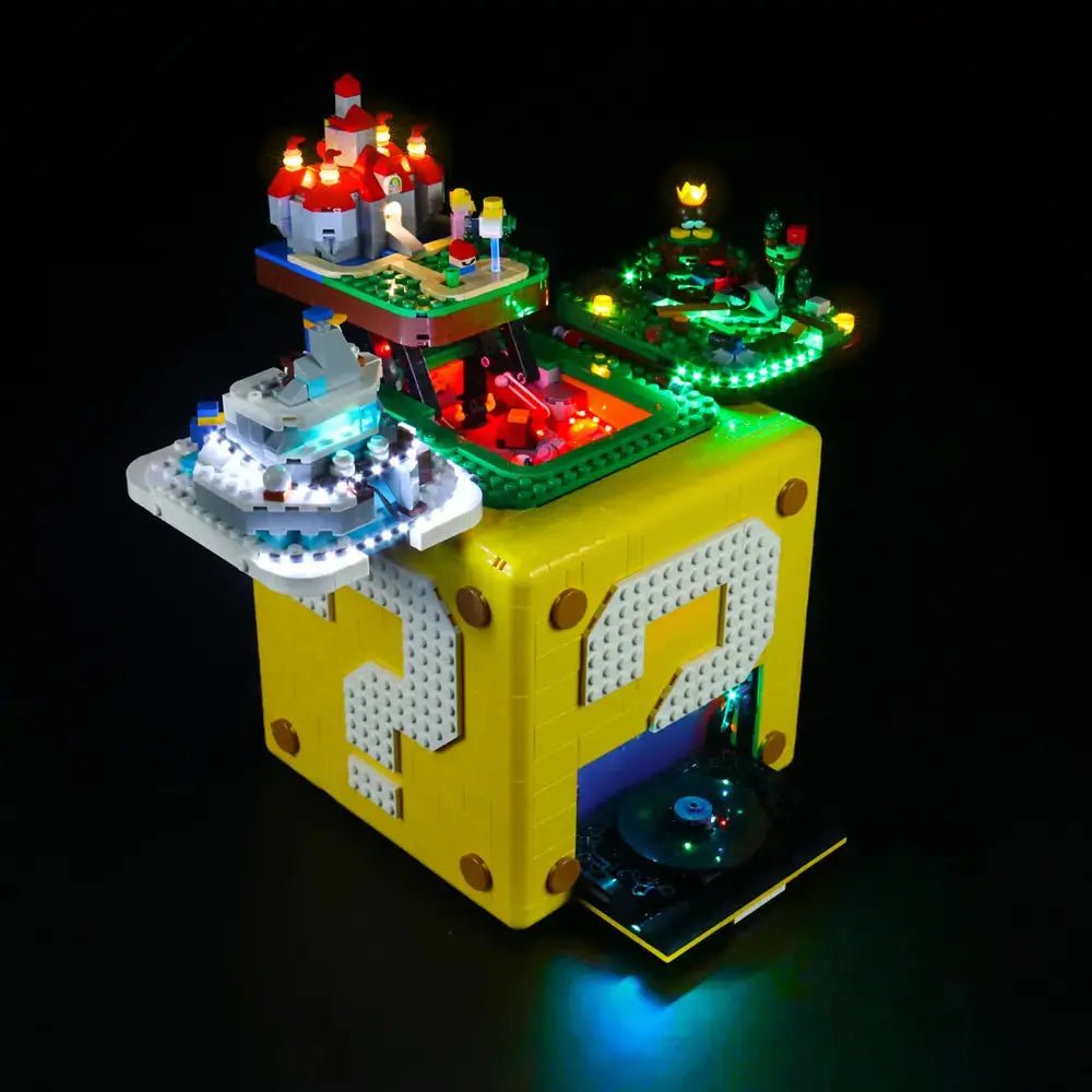 Bright My Bricks light kit for LEGO® Super Mario 64 Question Mark Block #71395 — showcase lighting view