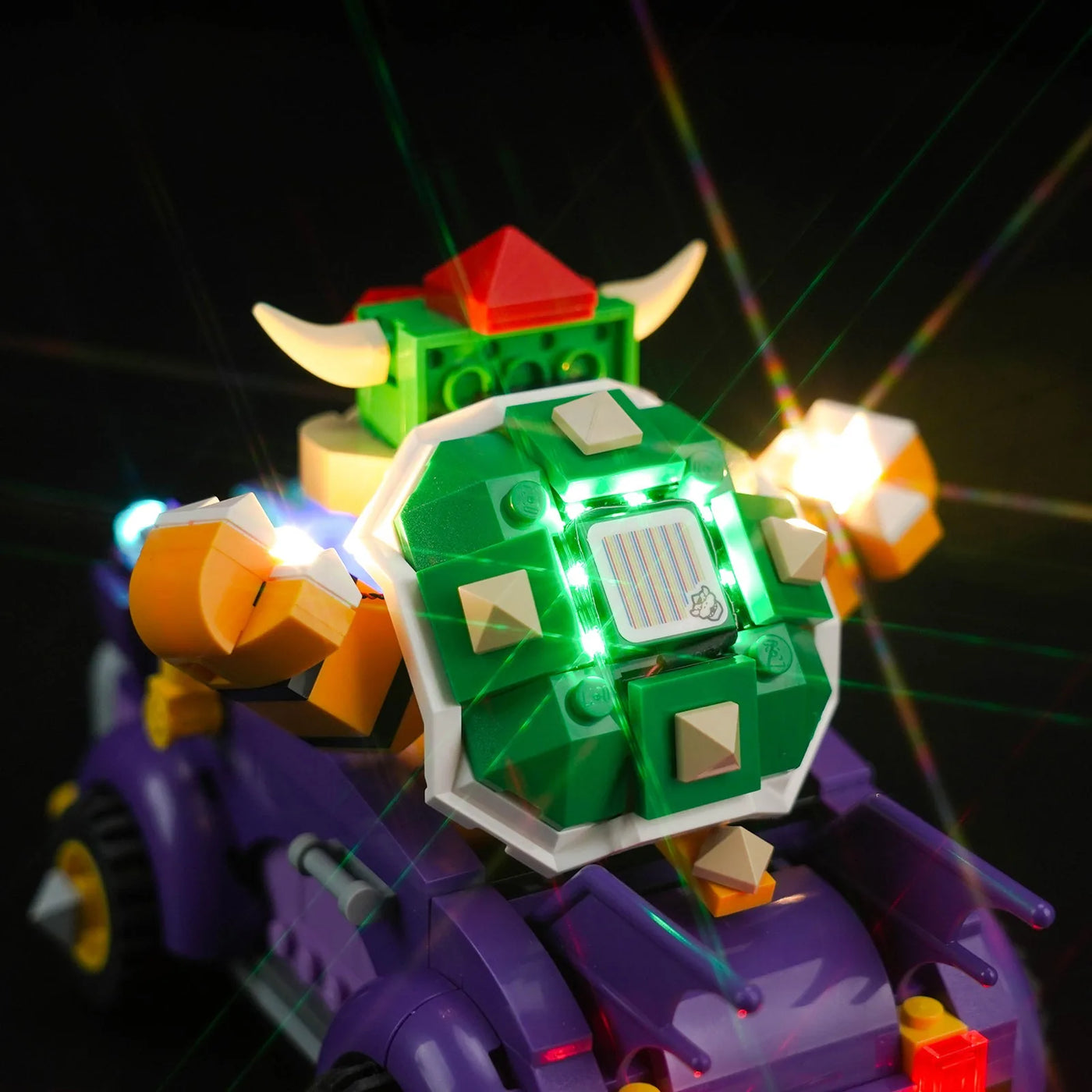 front view fully lit: Bright My Bricks RGB LED light kit for LEGO® Super Mario Bowser's Muscle Car Expansion Set #71431
