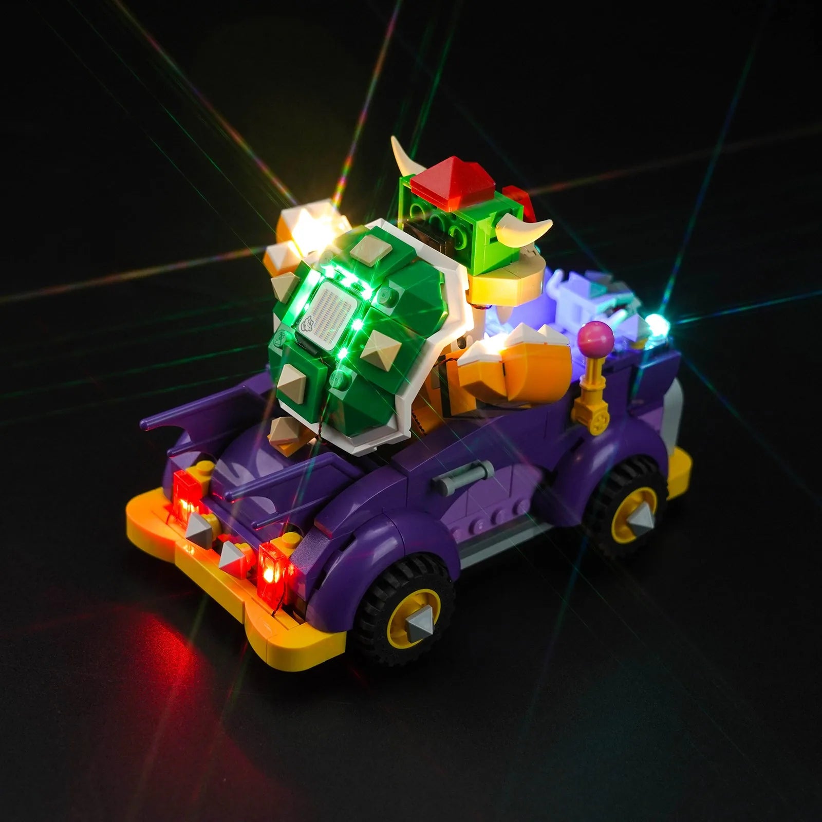 RGB LED light kit for LEGO® Super Mario Bowser's Muscle Car Expansion Set #71431, side angle with lights on