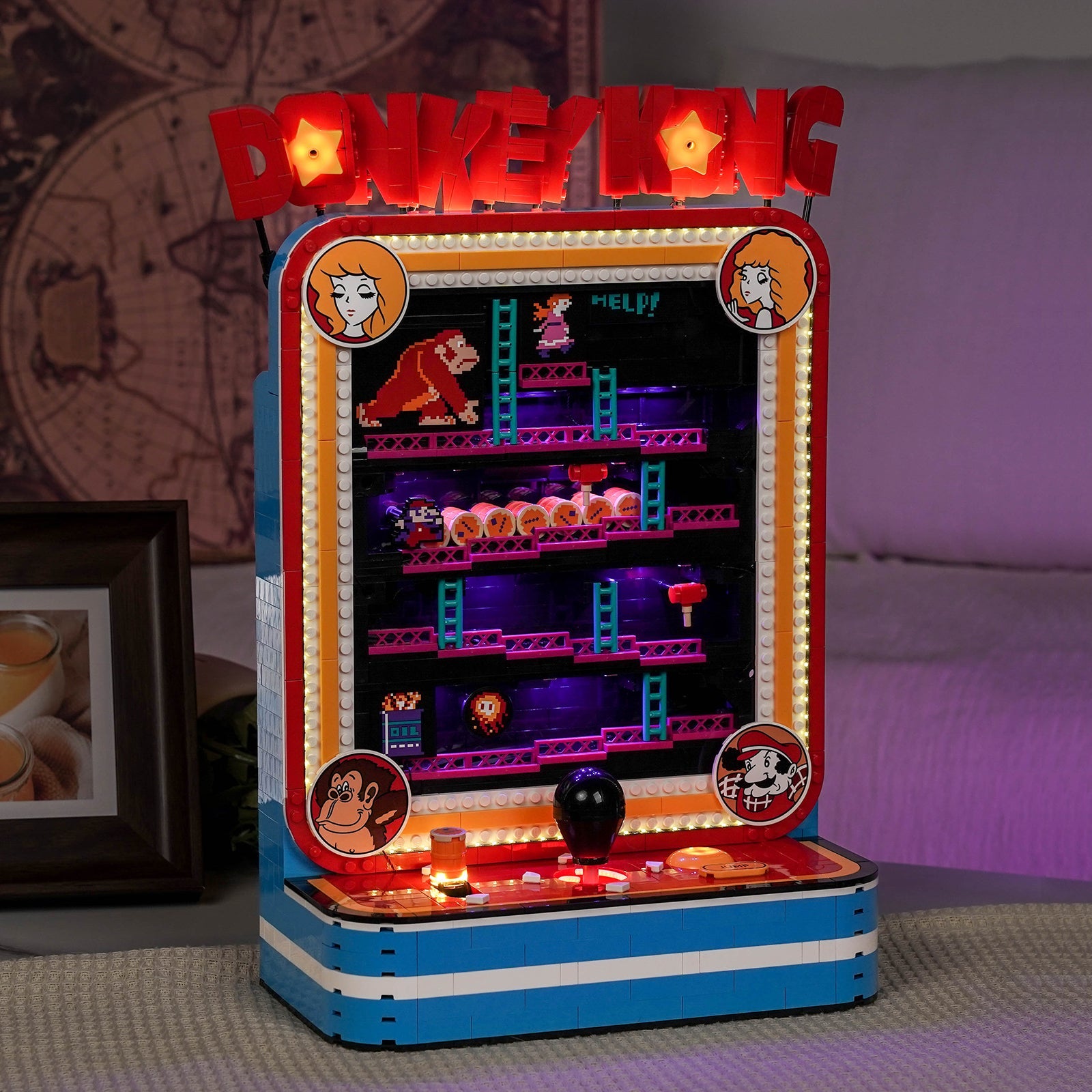 Bright My Bricks LED light kit for LEGO® Super Mario Donkey Kong Arcade #72051 — fully illuminated on display