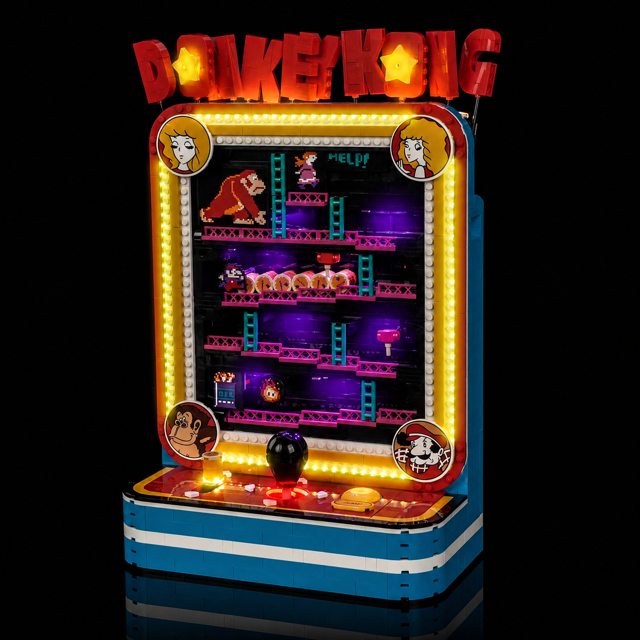 LEGO® Super Mario Donkey Kong Arcade #72051 display lighting in a dark room, with the premium LED light kit
