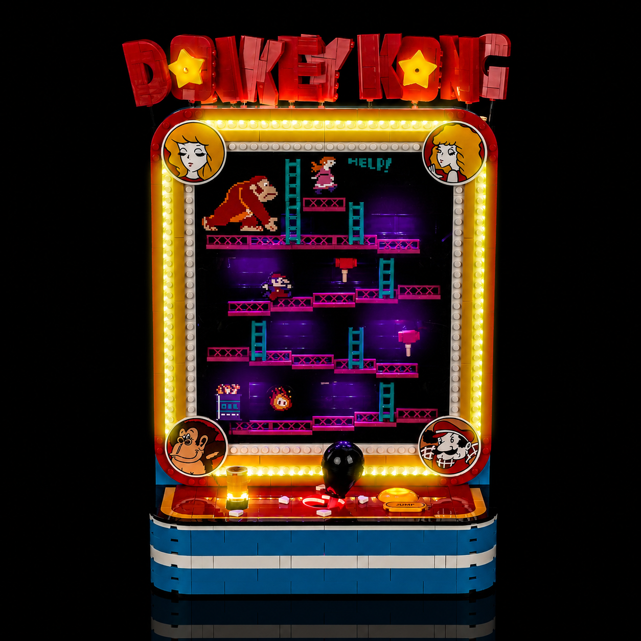 Bright My Bricks LED light kit for LEGO® Super Mario Donkey Kong Arcade #72051 — installed and glowing
