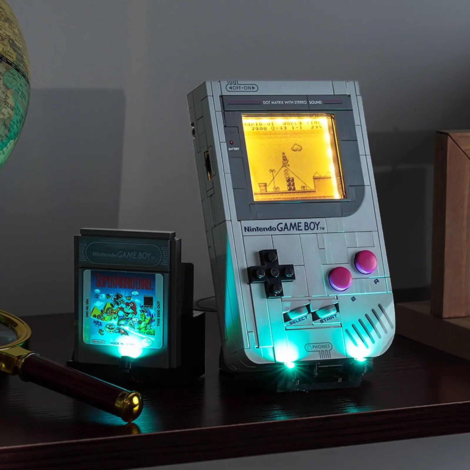 Close-up of LED lights on LEGO Super Mario Game Boy #72046