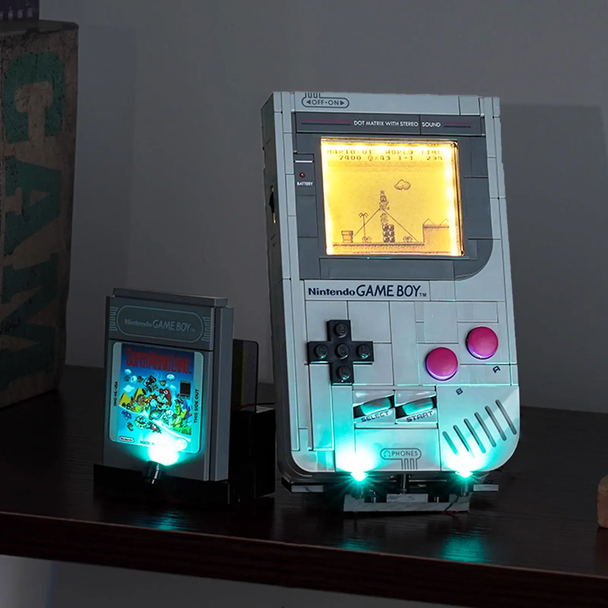 LEGO® Super Mario Game Boy #72046 display lighting in a dark room, with the LED lighting kit