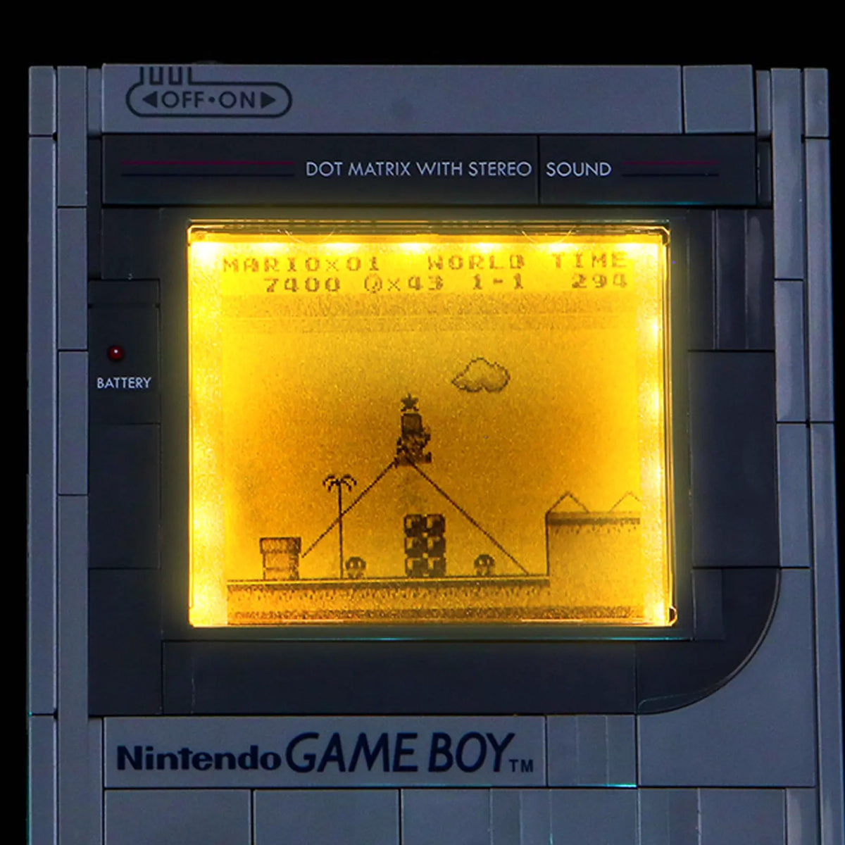 LEGO® Super Mario Game Boy #72046 warm LED glow detail, with the light kit