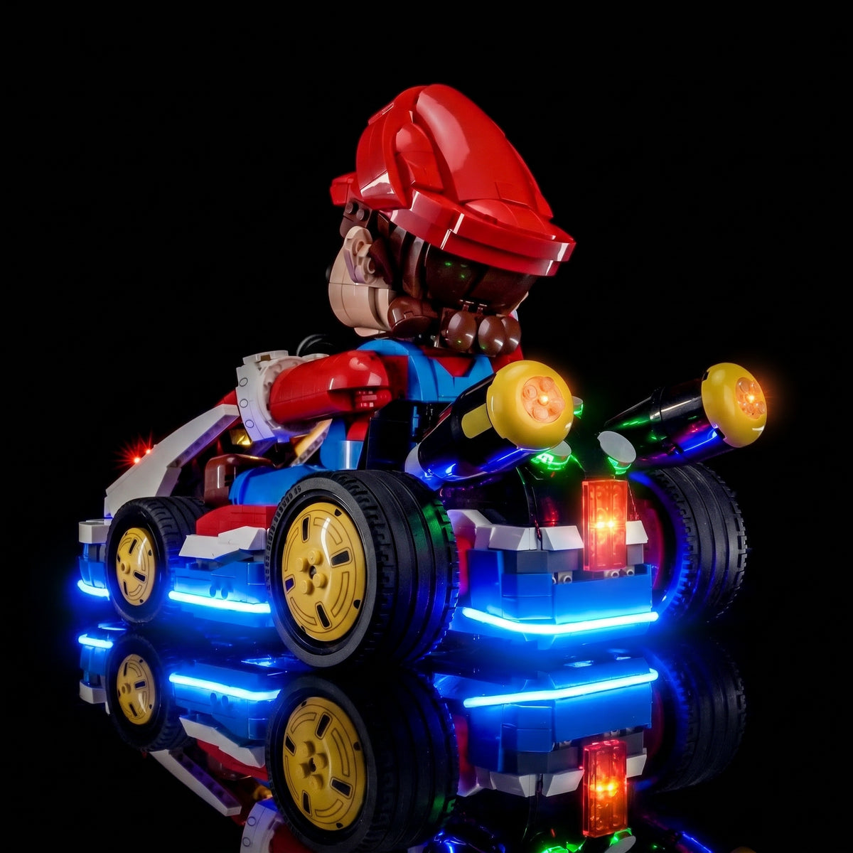 LEGO® Super Mario Mario Kart #72037 fully illuminated on display, with the custom LED lighting