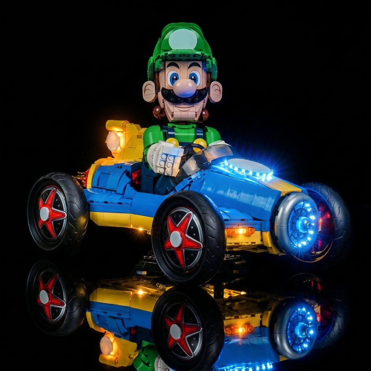 Bright My Bricks light kit for LEGO® Super Mario Mario Kart Luigi & Mach 8 #72050 — side angle with lights on