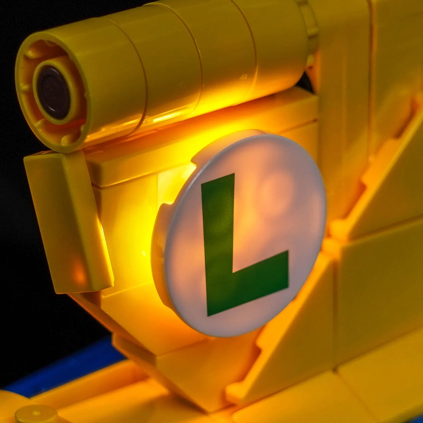 LEGO® Super Mario Mario Kart Luigi & Mach 8 #72050 fully illuminated on display, with the LED lighting kit