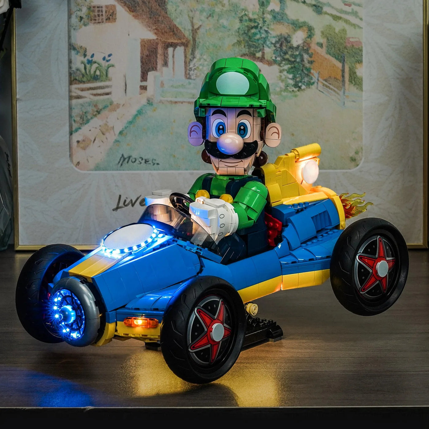 Bright My Bricks DIY LED light kit for LEGO® Super Mario Mario Kart Luigi & Mach 8 #72050 — illuminated at night