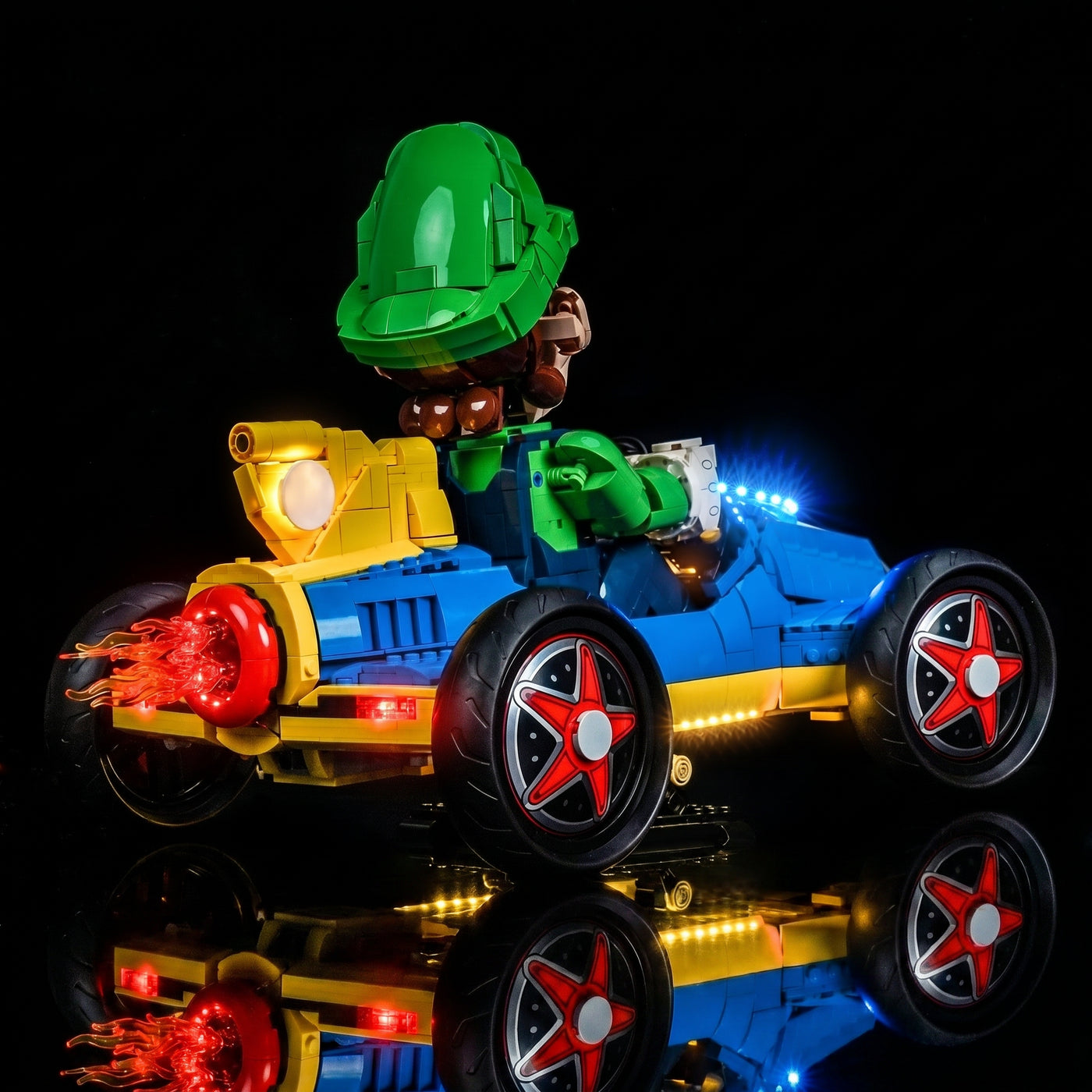 LEGO® Super Mario Mario Kart Luigi & Mach 8 #72050 brightened interior detail, with the custom LED lighting