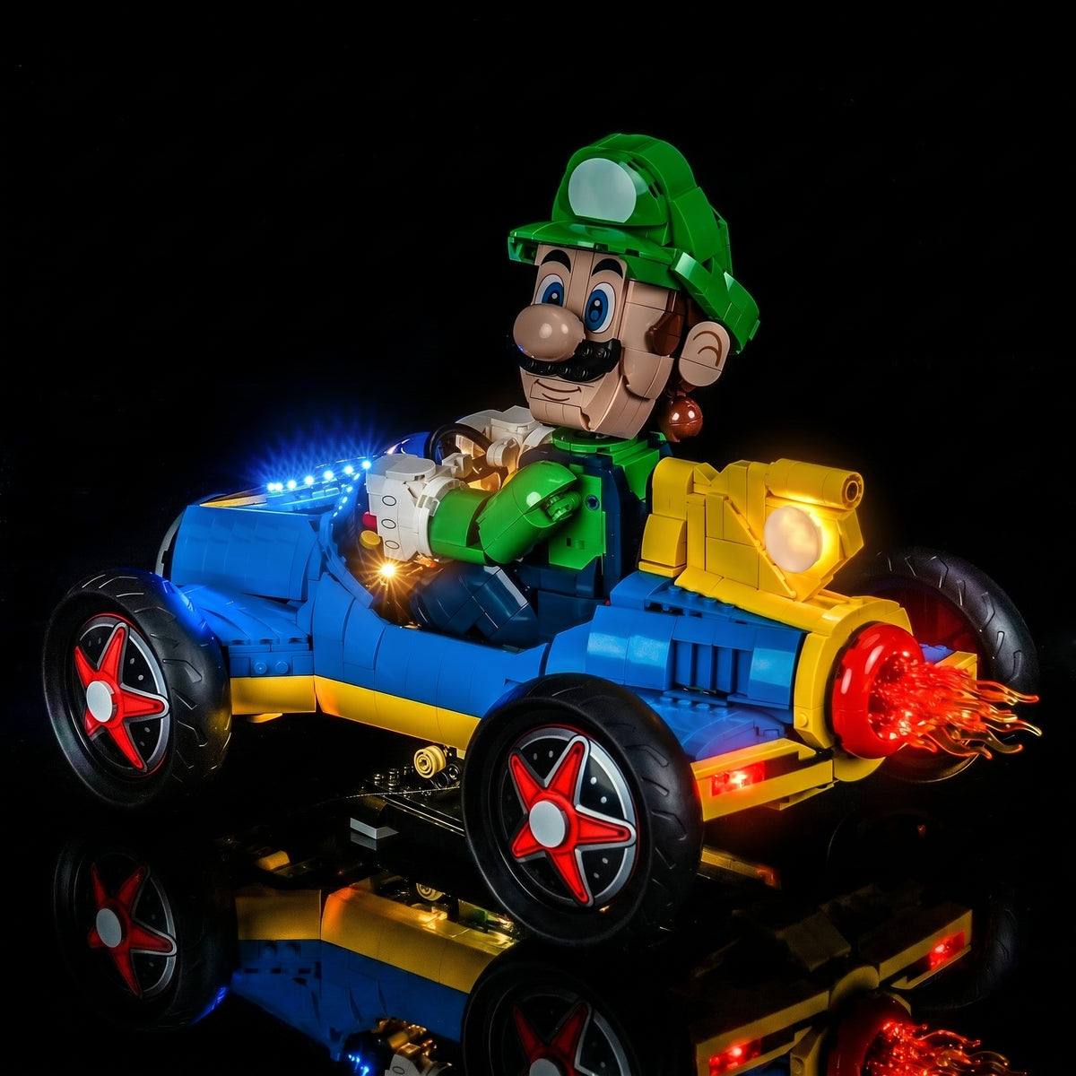 LEGO® Super Mario Mario Kart Luigi & Mach 8 #72050 lighting effect on the build, with the display light kit