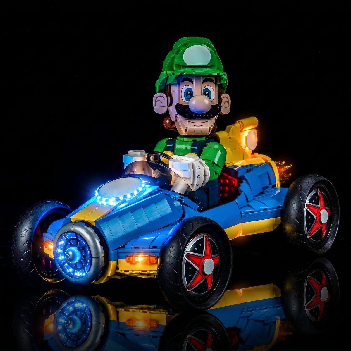 LEGO® Super Mario Mario Kart Luigi & Mach 8 #72050 close-up of the LED lighting detail, with the LED lights