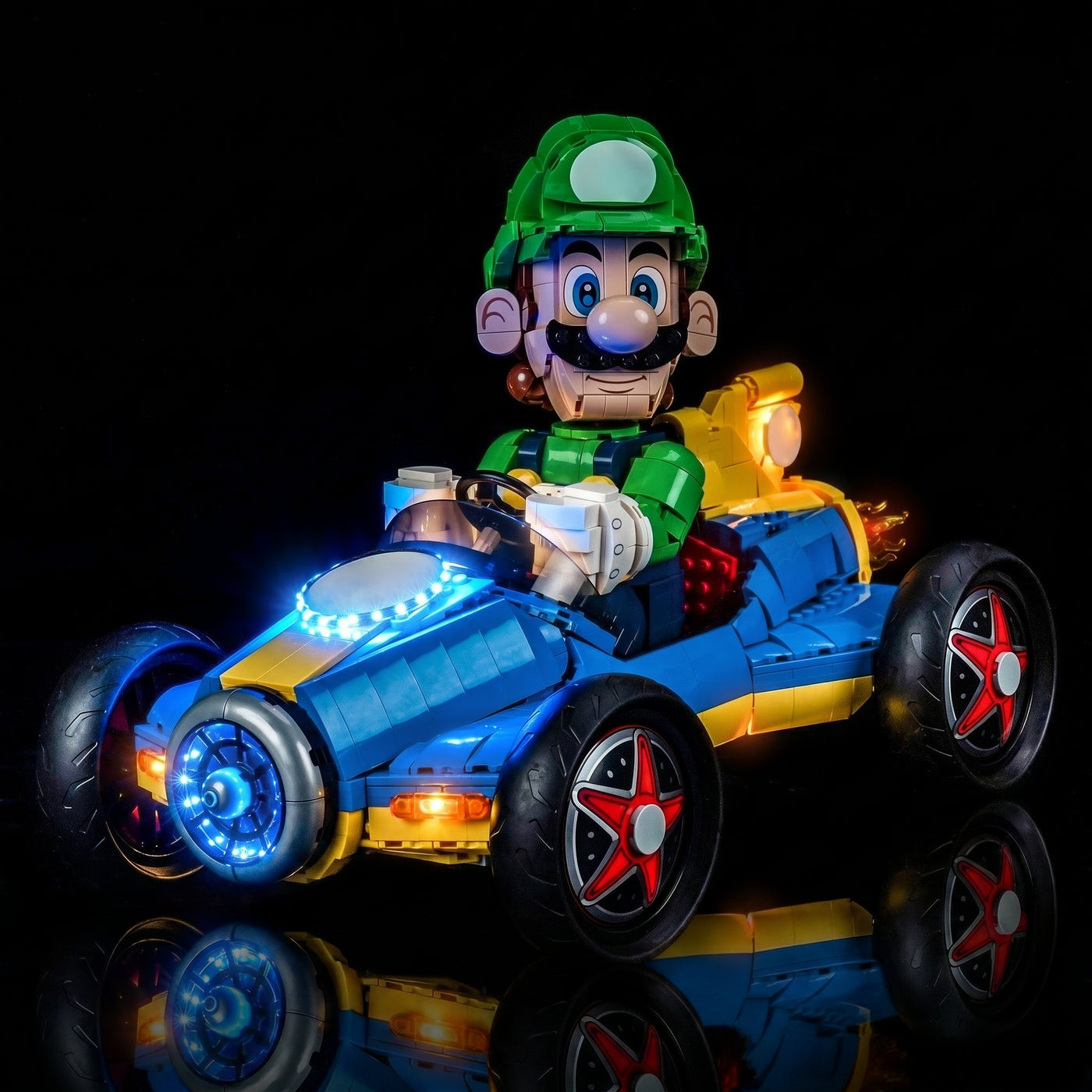 RGB LED light kit for LEGO® Super Mario Mario Kart Luigi & Mach 8 #72050, before-and-after lighting
