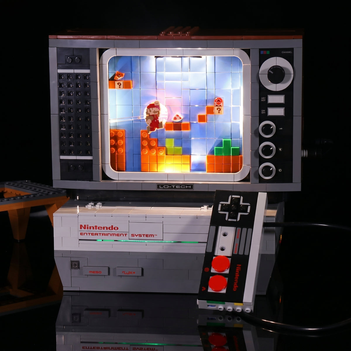 LED light kit for LEGO® Super Mario Nintendo Entertainment System #71374, installed and glowing