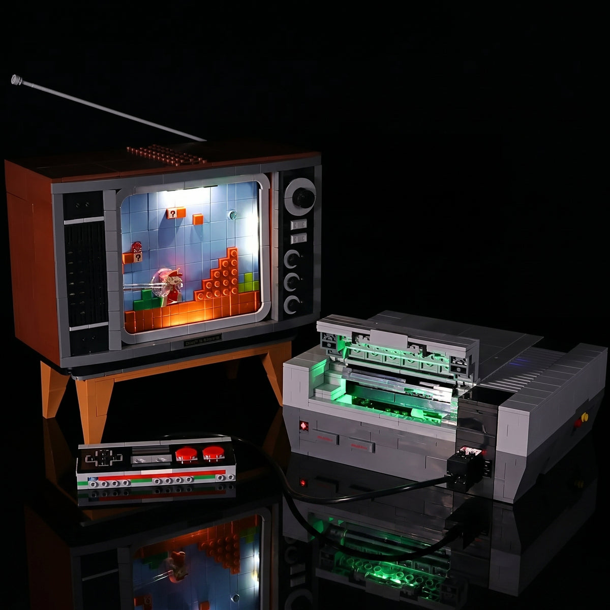 LEGO® Super Mario Nintendo Entertainment System #71374 showcase lighting view, with the display light kit