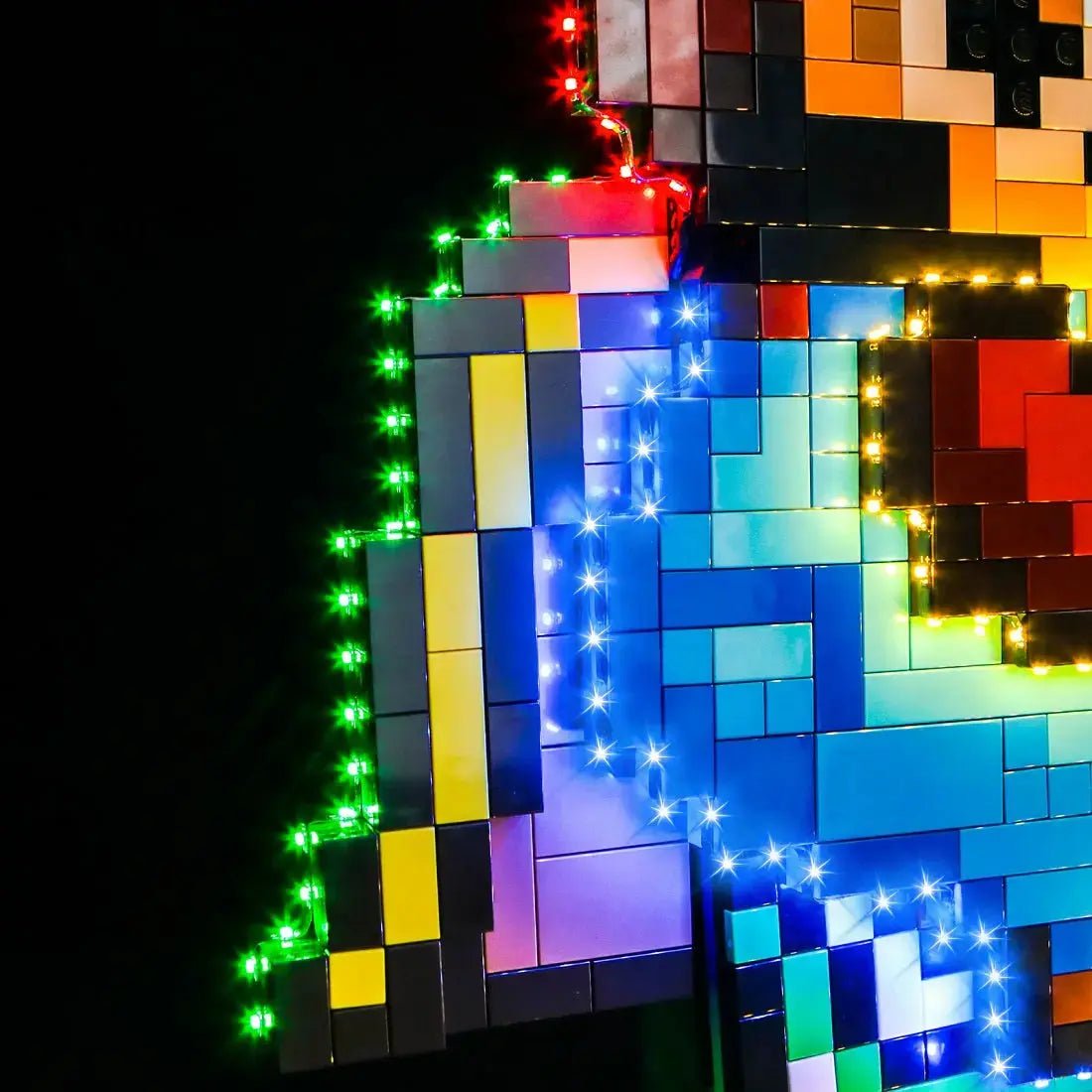 LEGO® Super Mario World: Mario & Yoshi #71438 illuminated at night, with the LED light kit