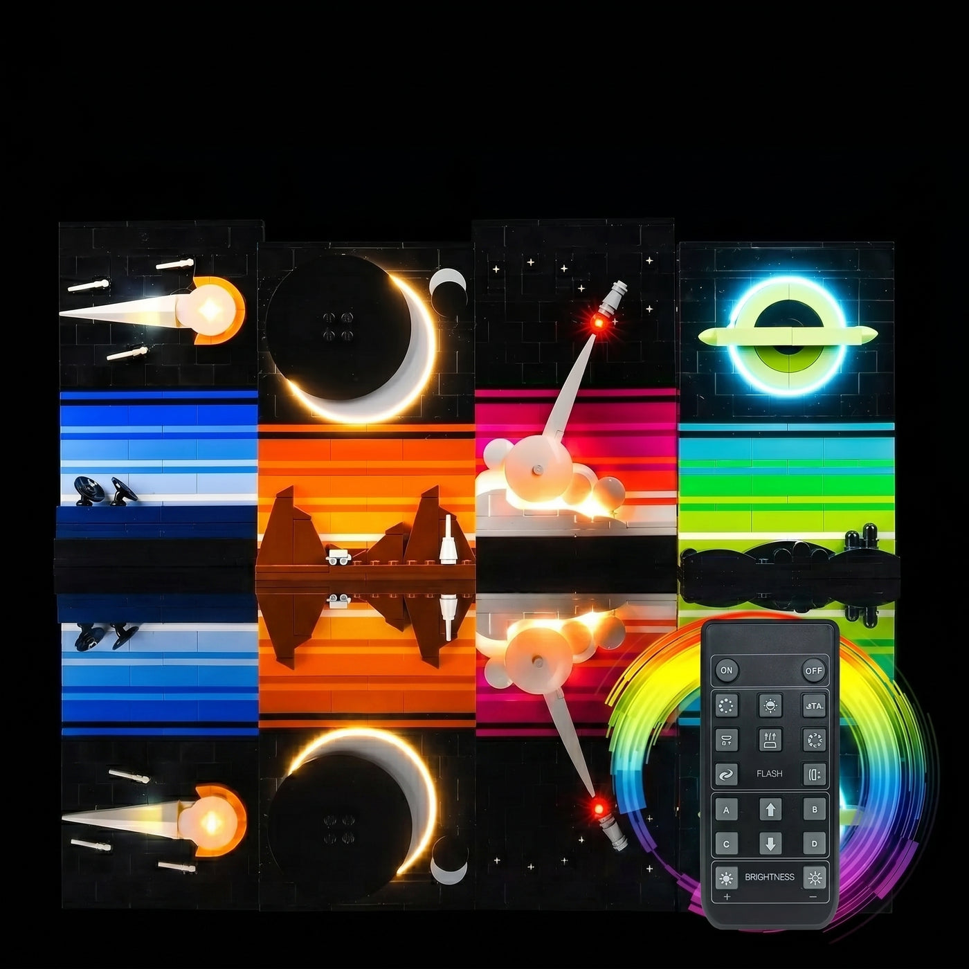 Bright My Bricks USB-powered LED light kit for LEGO® Tales of The Space Age #21340 — side angle with lights on