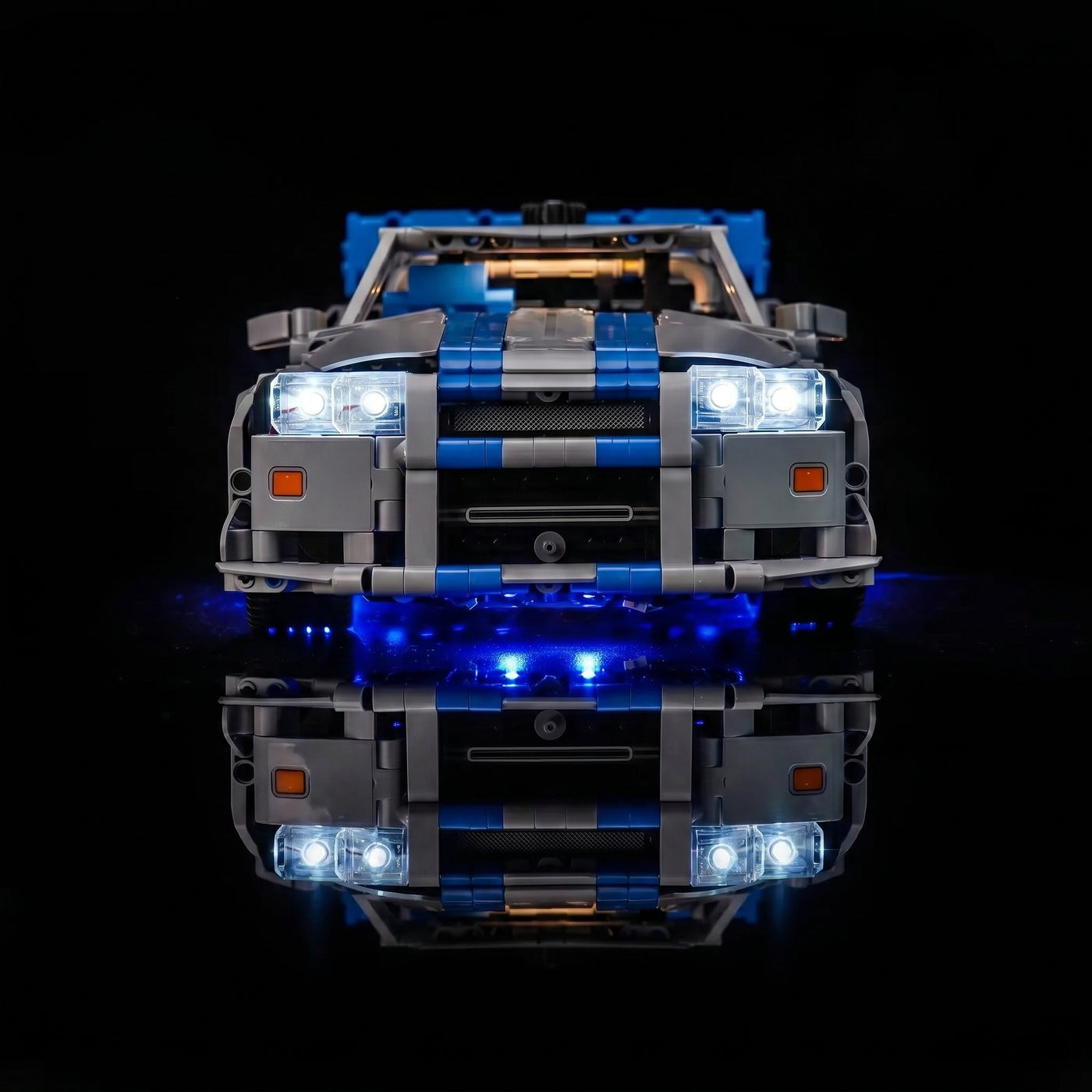 LEGO® Technic 2 Fast 2 Furious Nissan Skyline GT-R (R34) #42210 brightened interior detail, with the LED lights