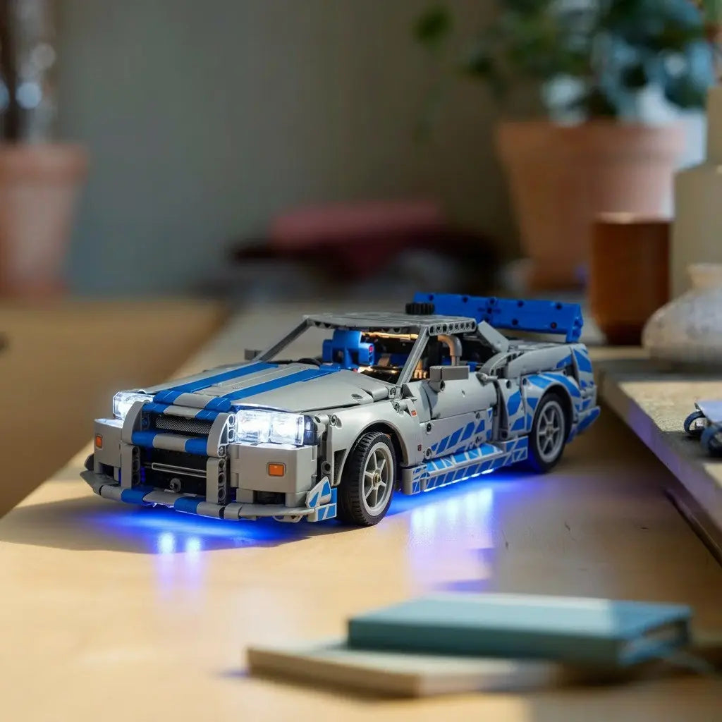 LEGO® Technic 2 Fast 2 Furious Nissan Skyline GT-R (R34) #42210 — fully illuminated on display (LED light kit)