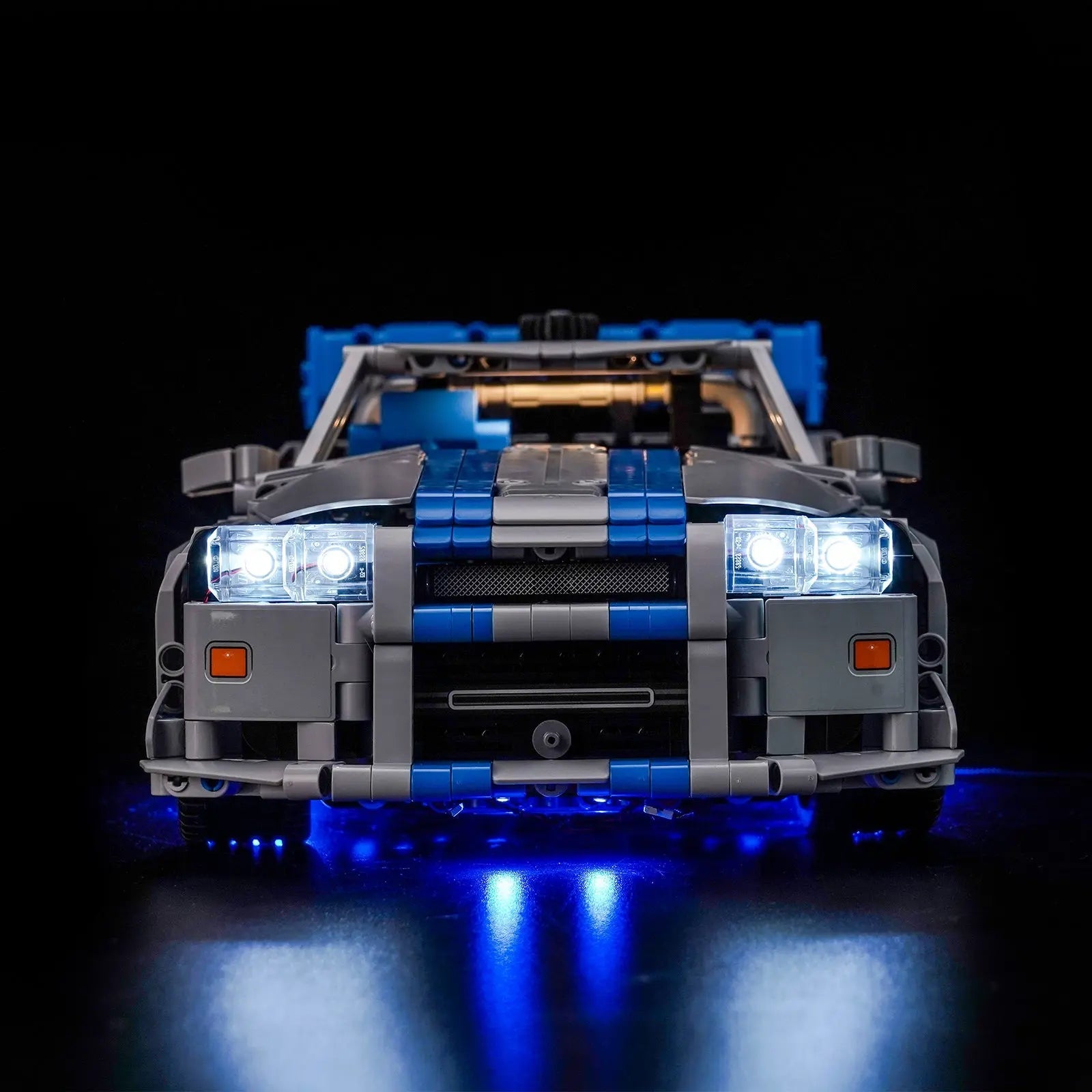 Close-up of LED lights on LEGO Technic 2 Fast 2 Furious Nissan Skyline GT-R (R34) #42210