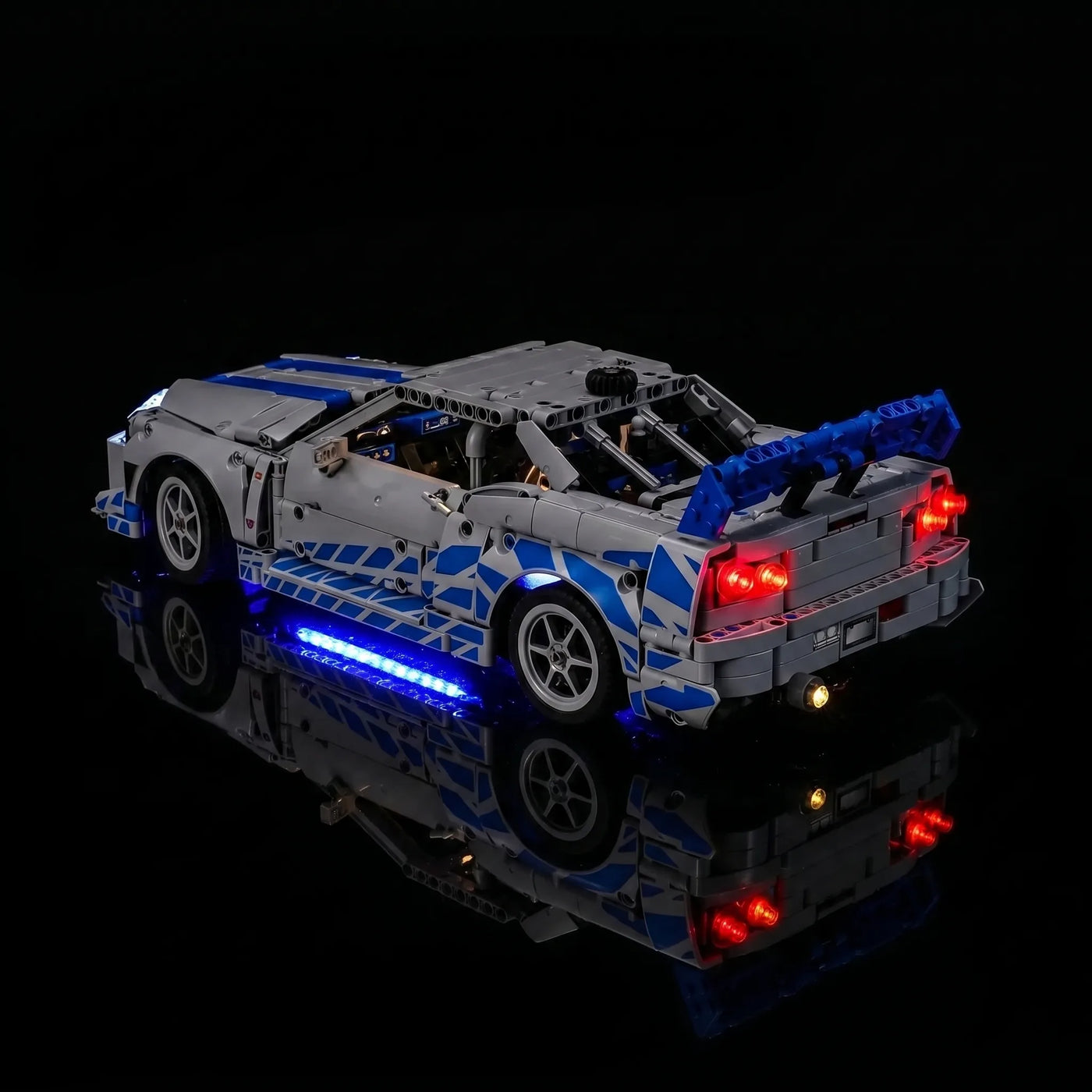 fully illuminated on display: Bright My Bricks light kit for LEGO® Technic 2 Fast 2 Furious Nissan Skyline GT-R (R34) #42210