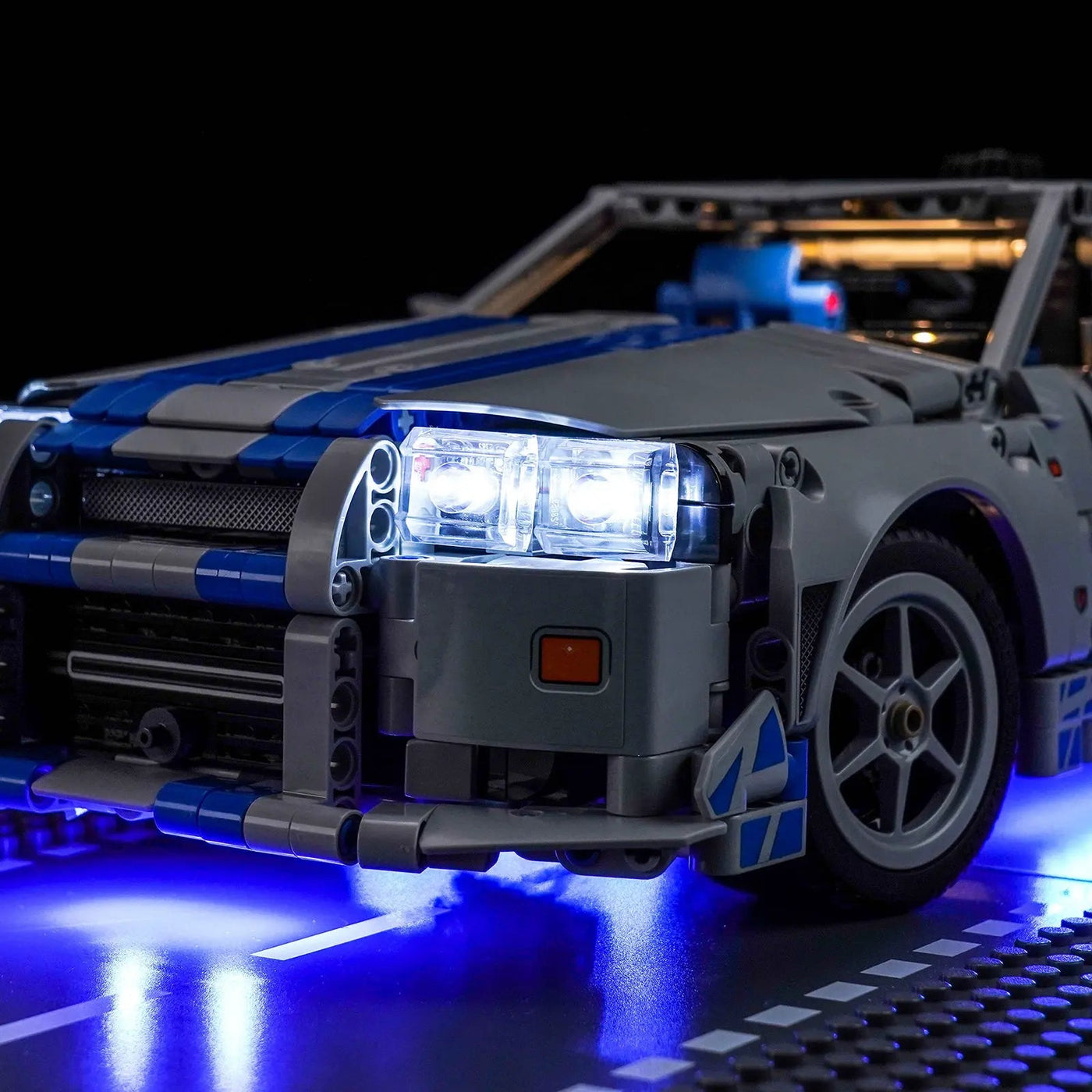 Bright My Bricks LED lighting kit for LEGO® Technic 2 Fast 2 Furious Nissan Skyline GT-R (R34) #42210 — installed and glowing