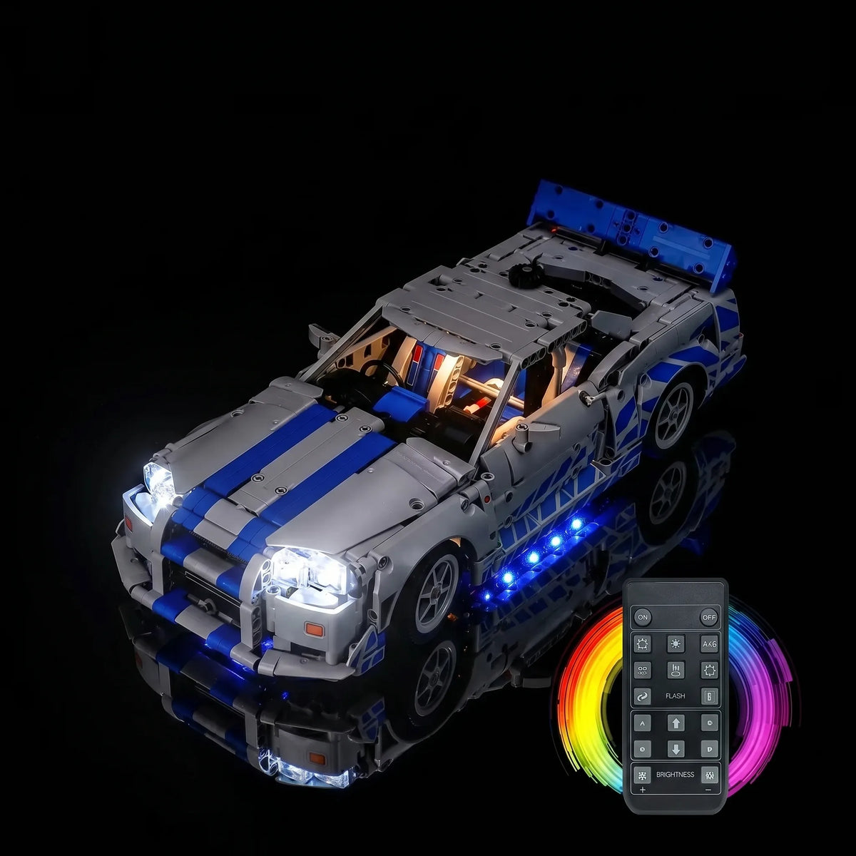 LEGO® Technic 2 Fast 2 Furious Nissan Skyline GT-R (R34) #42210 — night-mode display glow (LED lights)