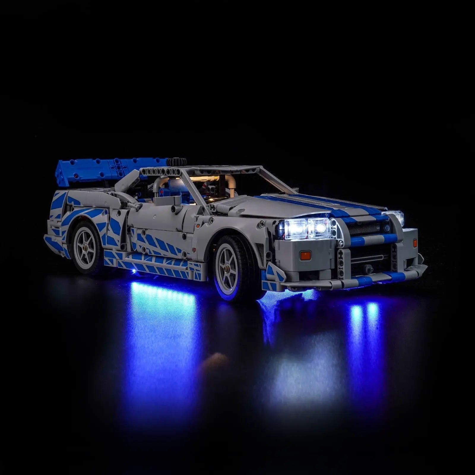 Close-up of LED lights on LEGO Technic 2 Fast 2 Furious Nissan Skyline GT-R (R34) #42210