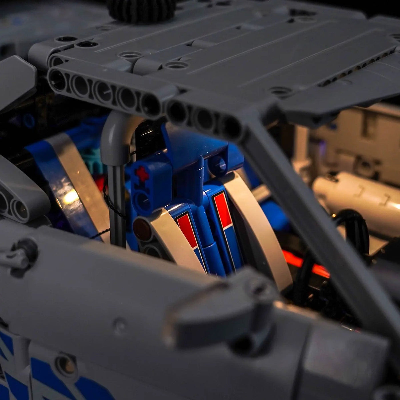 LEGO® Technic 2 Fast 2 Furious Nissan Skyline GT-R (R34) #42210 LED strips and bricks detail, with the display light kit