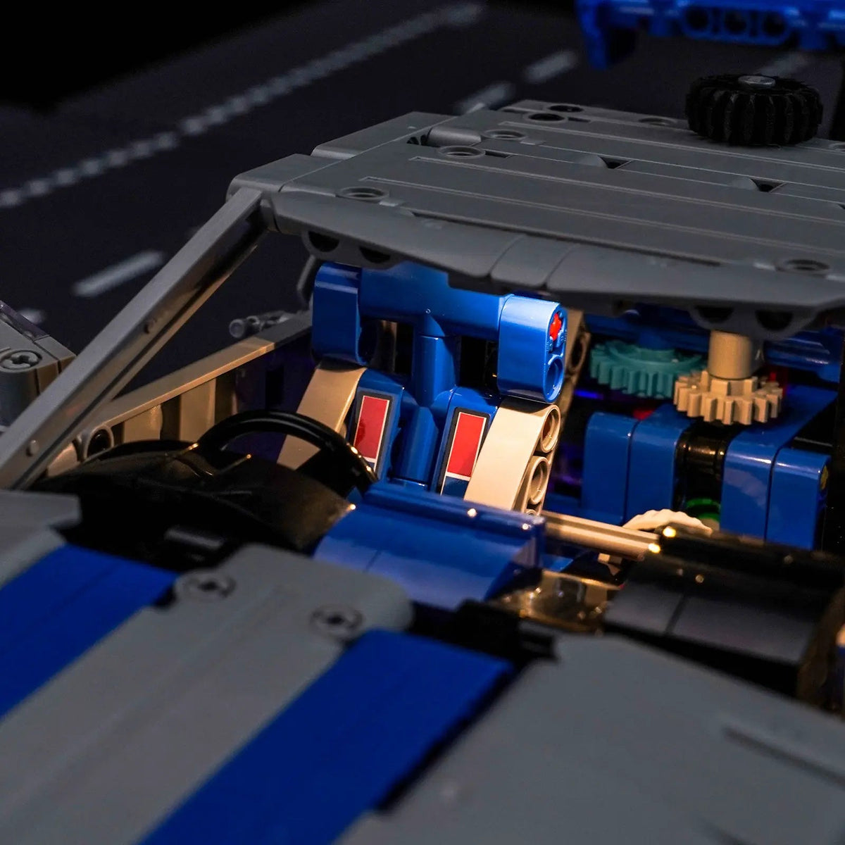 LEGO® Technic 2 Fast 2 Furious Nissan Skyline GT-R (R34) #42210 — front view fully lit (light kit)