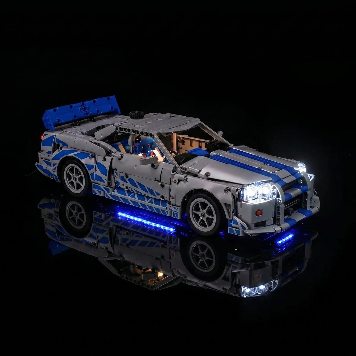 LED light kit for LEGO® Technic 2 Fast 2 Furious Nissan Skyline GT-R (R34) #42210, lighting effect on the build