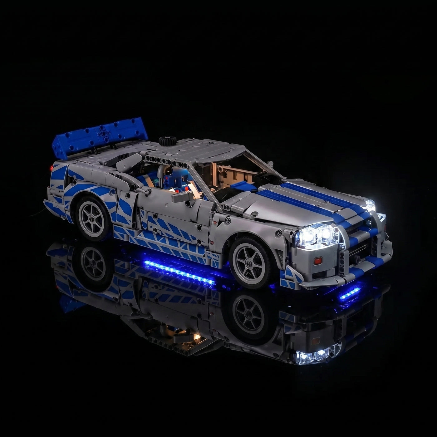 LED light kit for LEGO® Technic 2 Fast 2 Furious Nissan Skyline GT-R (R34) #42210, lighting effect on the build