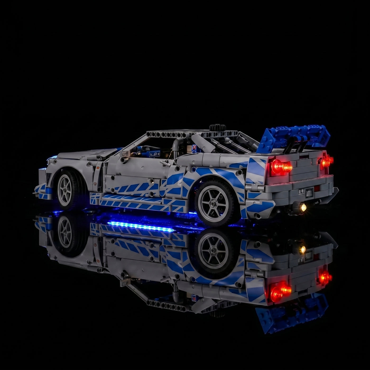 LEGO® Technic 2 Fast 2 Furious Nissan Skyline GT-R (R34) #42210 — fully illuminated on display (custom LED lighting)