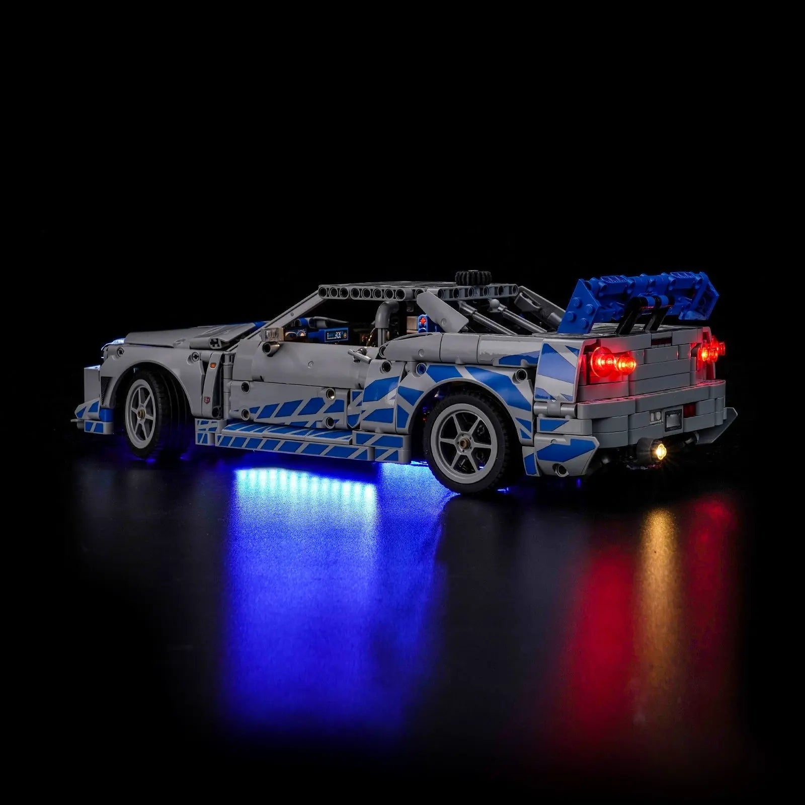 LEGO Technic 2 Fast 2 Furious Nissan Skyline GT-R (R34) #42210 lit up - front angle