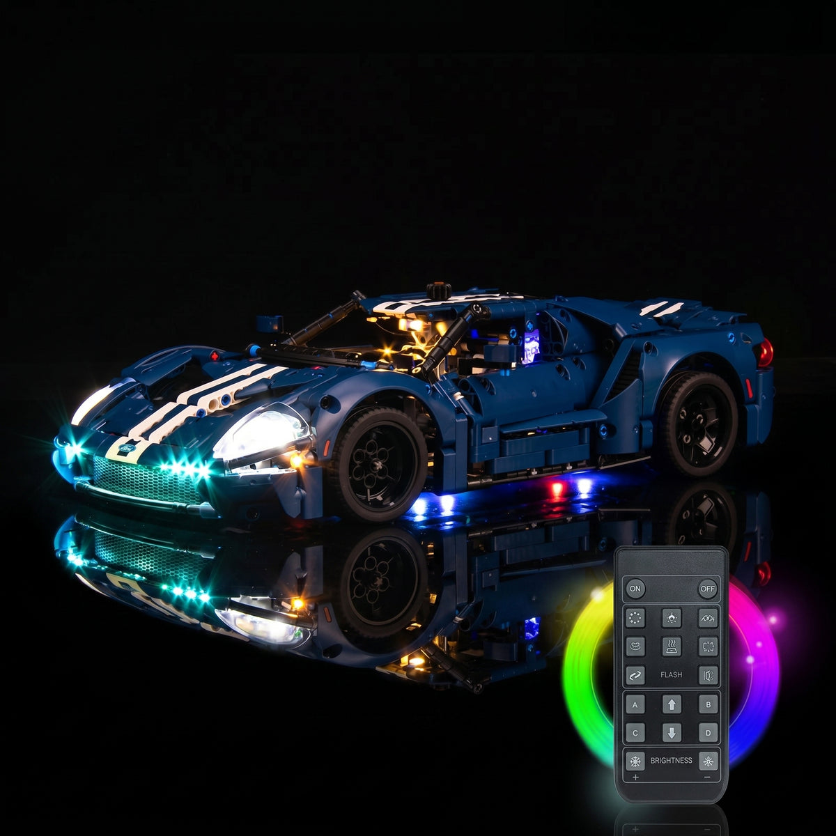 LEGO® Technic 2022 Ford GT #42154 close-up of the LED lighting detail, with the display light kit