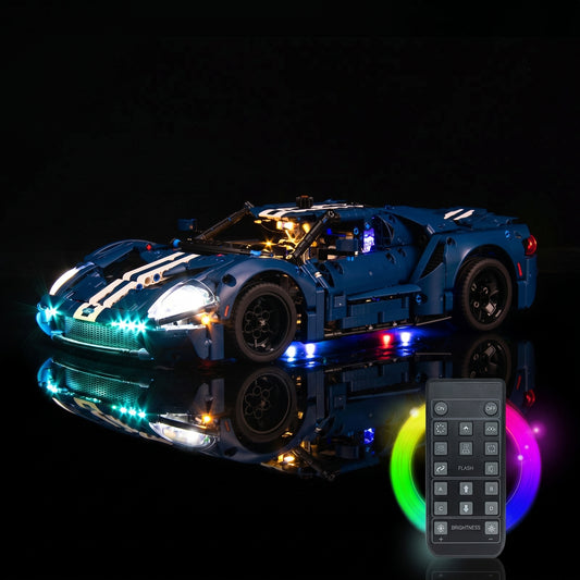 LEGO® Technic 2022 Ford GT #42154 close-up of the LED lighting detail, with the display light kit