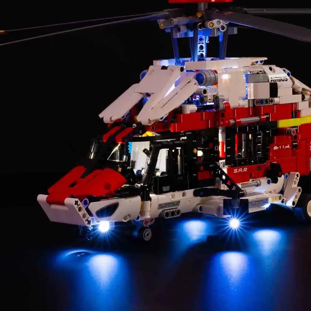 side angle with lights on: Bright My Bricks LED light kit for LEGO® Technic Airbus H175 Rescue Helicopter #42145