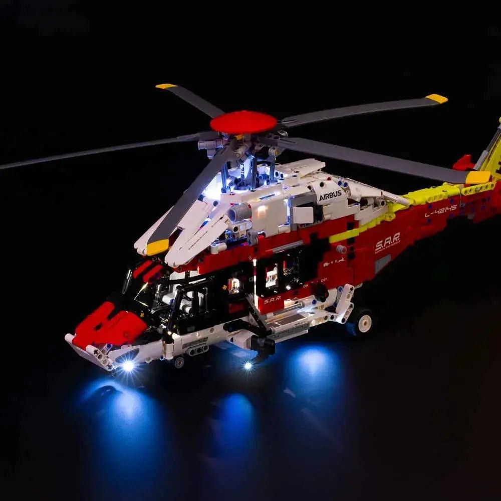 LED light kit for LEGO® Technic Airbus H175 Rescue Helicopter #42145, fully illuminated on display