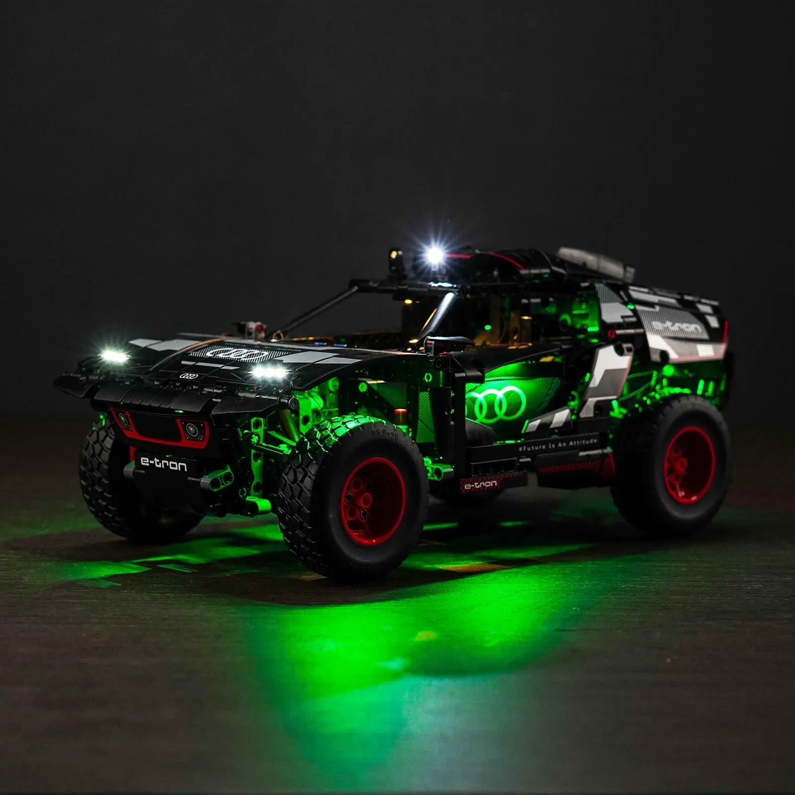 Close-up of LED lights on LEGO Technic Audi RS Q e-tron #42160