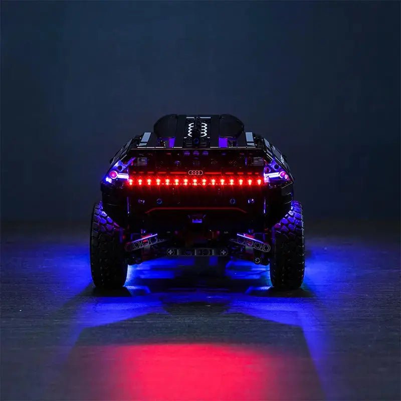 LEGO® Technic Audi RS Q e-tron #42160 installed and glowing, with the USB-powered LED light kit