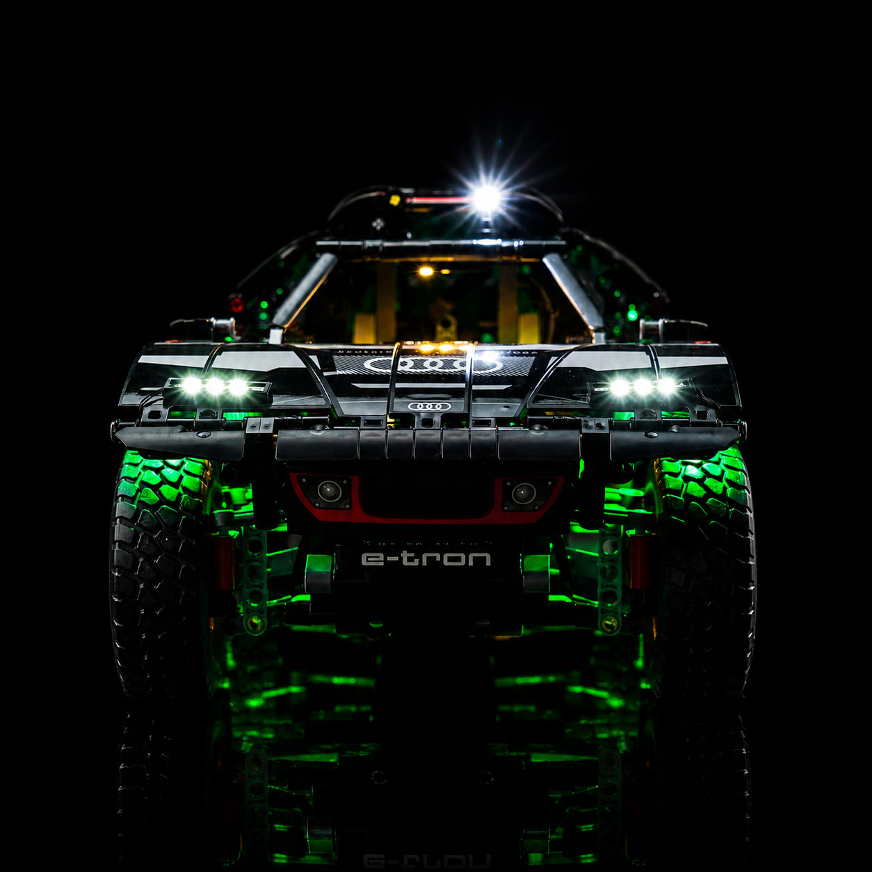 LEGO® Technic Audi RS Q e-tron #42160 installed and glowing, with the USB-powered LED light kit