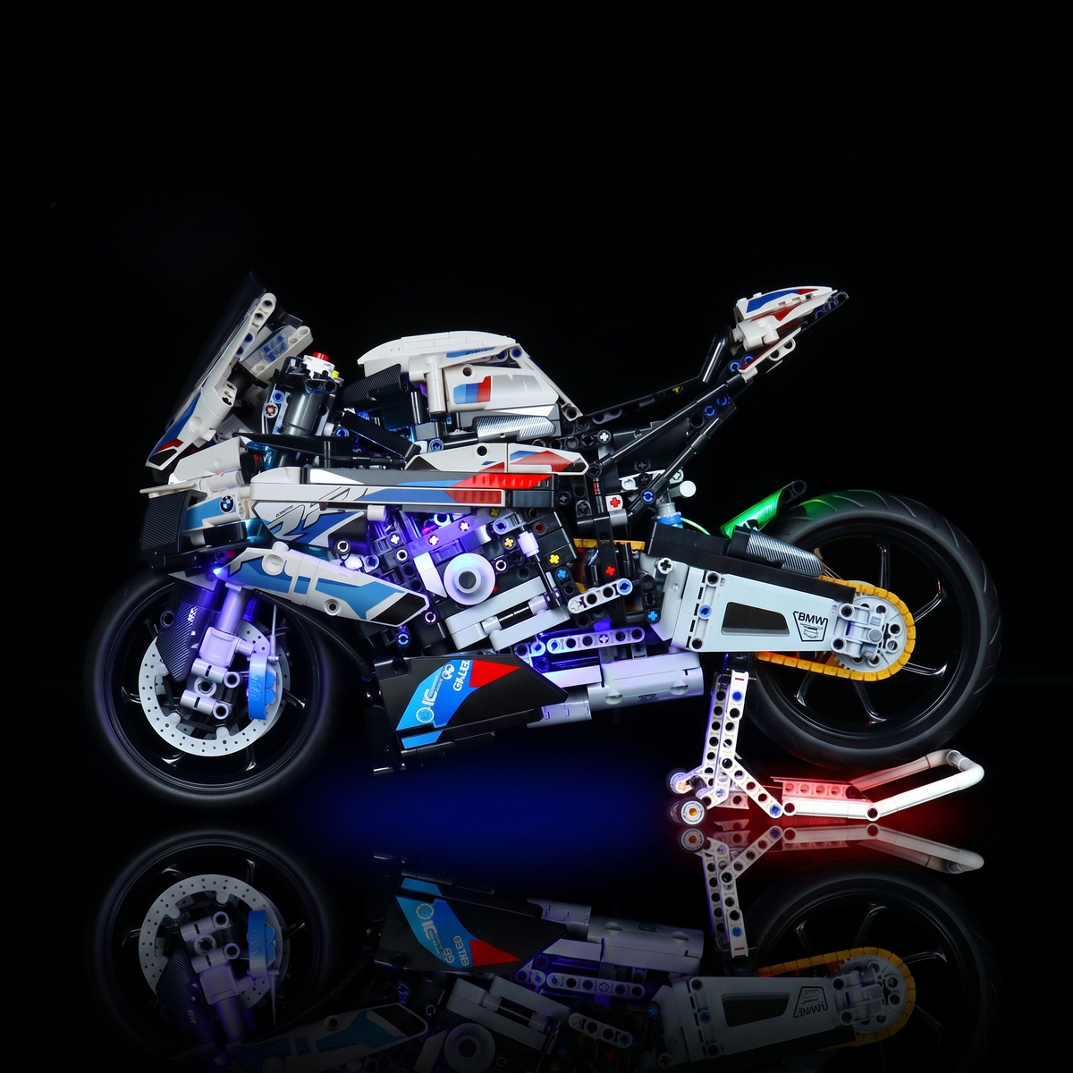 LEGO® Technic BMW M 1000 RR #42130 LED kit powered on, with the premium LED light kit