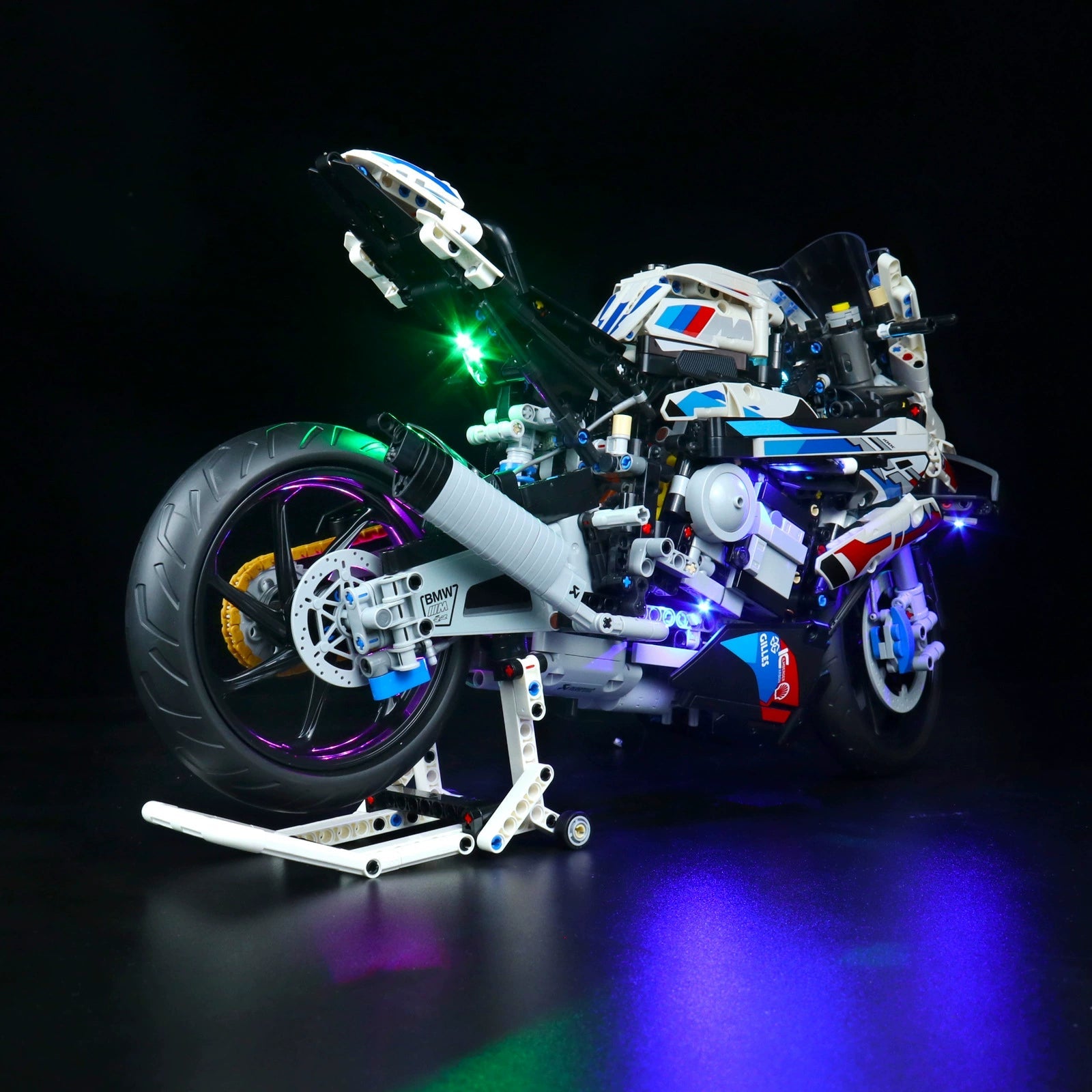 Close-up of LED lights on LEGO Technic BMW M 1000 RR #42130